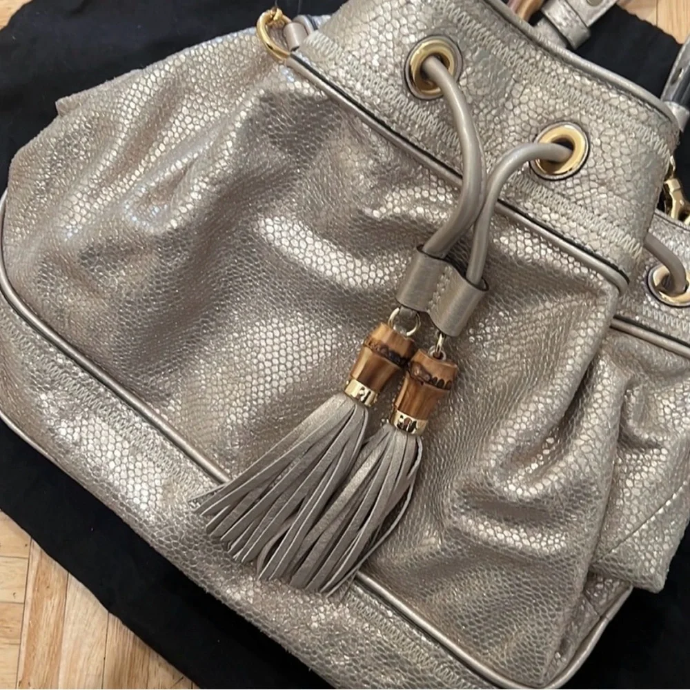 Gold Milly Bamboo Handle Drawstring Purse Handbag
